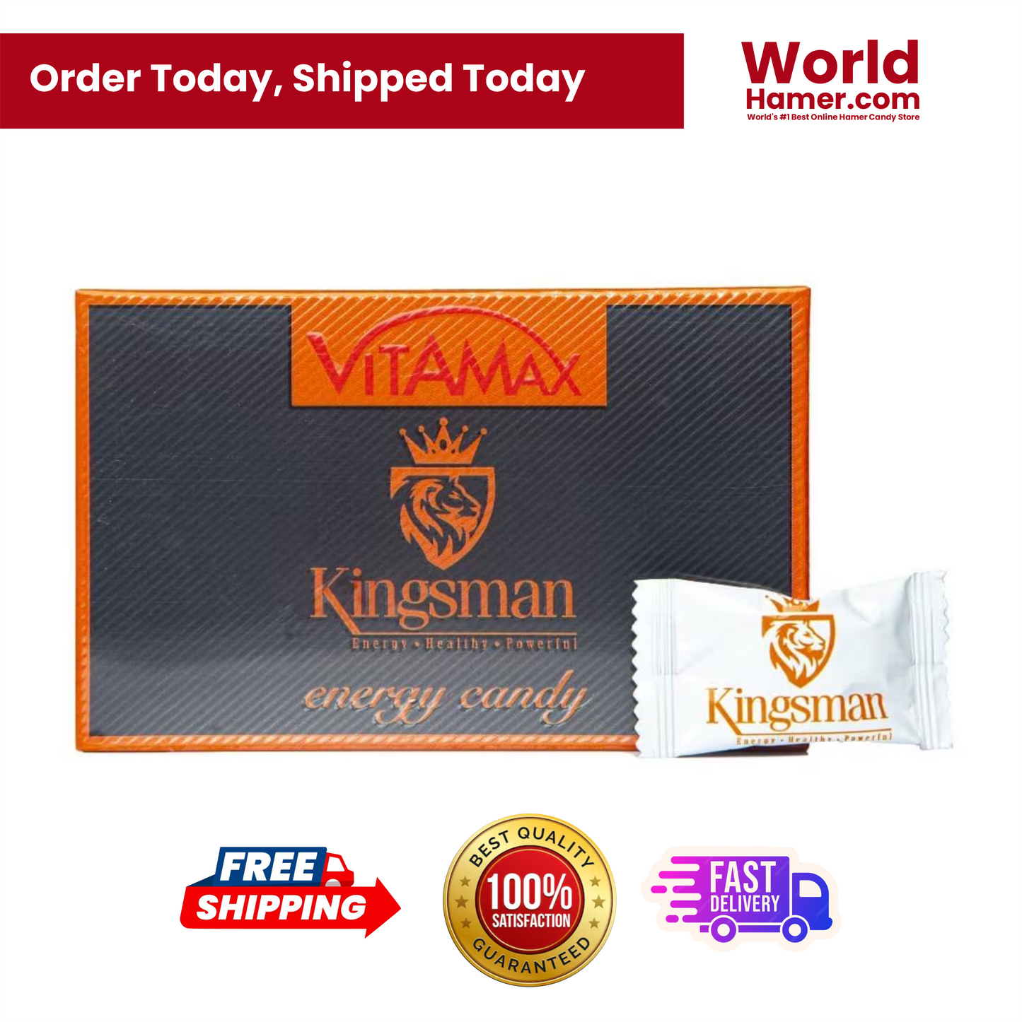 Kingsman Herbal Energy Candy for Men – Premium stamina booster supplement in elegant black and orange packaging with individually wrapped candie