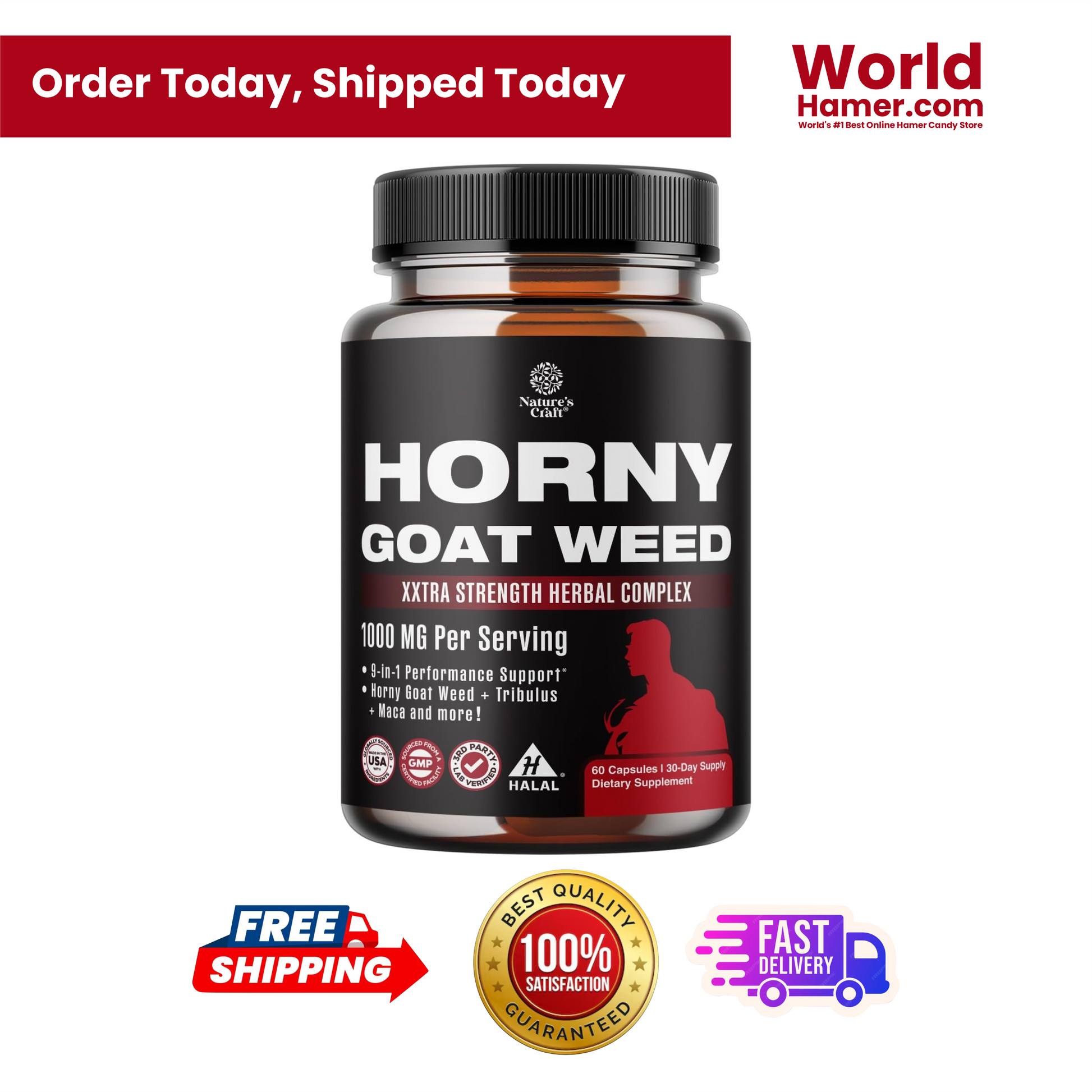 Horny Goat Weed for Men - Extra Strength Male Supplement with Black Maca Root, Tongkat Ali, Saw Palmetto & Panax Ginseng Extract for Stamina & Energy - 60 Capsules